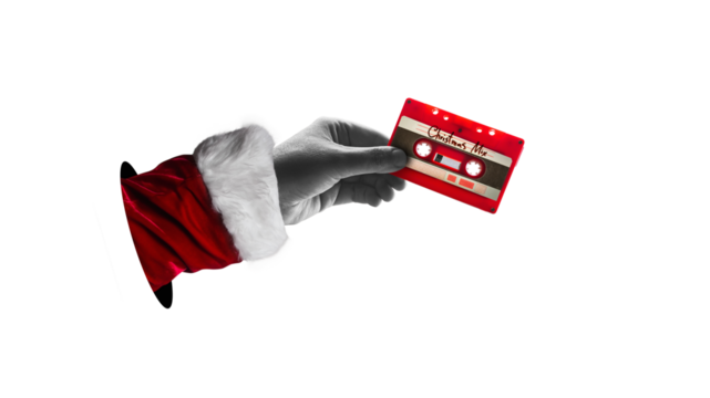 A santa claus hand holding audio cassette, isolated on free png background. Vintage red music cassette poster as happy christmas.