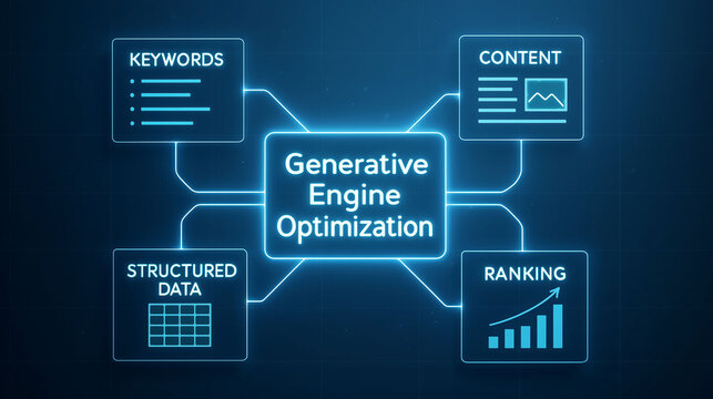 Generative engine optimization GEO diagram showing keywords, content, structured data and ranking concept of digital marketing, search visibility and online growth