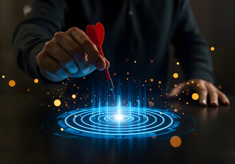 Businessman aiming a dart at a virtual target's bullseye. Concept of setting a clear business objective, accurate market analysis, and a focused mission for success.