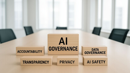 office table with AI governance, accountability, transparency, privacy, data governance and AI safety, representing artificial intelligence ethics, policy making and responsible technology management