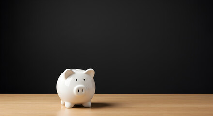 White piggy bank on a wooden table. A classic piggy bank sits against a dark background, symbolizing savings, investment, and financial planning, with ample copy space for text.