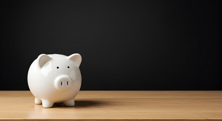Financial savings concept with a piggy bank. A white money box on a desk with a black background represents personal finance, building a budget, and saving for a secure future.