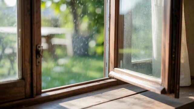 Sunlit open wooden window with glass panes overlooking blurred green garden view on bright summer day from cozy indoor perspective

