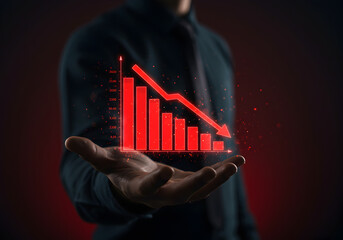 Man holding a glowing red graph showing a downward trend. Concept of financial crisis, stock market crash, or economic recession, symbolizing a decline in profit, investment loss, and failure.