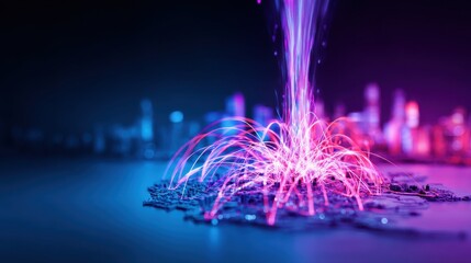 A vibrant explosion of light and color emerges from a digital landscape, creating an energetic and futuristic atmosphere.