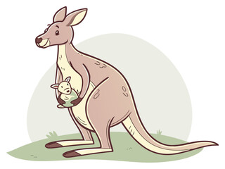 Cute cartoon kangaroo mom and joey in a playful setting. A cheerful cartoon illustration of a kangaroo mother and her joey. kangaroo, joey, mother and baby, cartoon, children's, illustration, cute, an