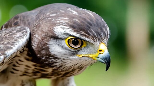 Close-up of a hawk's intense face with piercing eyes and sharp beak against a blurred green background