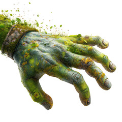 Fototapeta premium Zombie hand rising from earth with moss and leaves growing on decayed skin in natural eerie scene