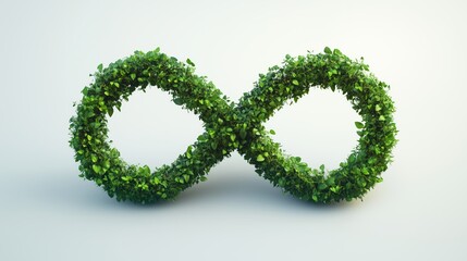 3D infinity symbol made of green foliage, plants, and trees on a white background