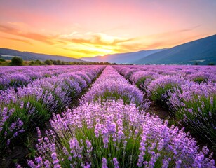 Fototapeta premium A vast lavender field stretches towards a vibrant sunset, showcasing rows of purple flowers.