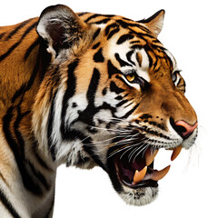 Fierce tiger roaring showing teeth isolated on a transparent background