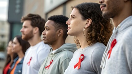 Diverse group of people wearing red ribbons for awareness and support