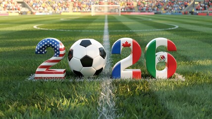 Soccer ball and numbers 2026 decorated with flags of usa france and mexico on a green soccer field with stadium crowd in background
