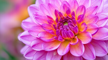 Fototapeta premium A close-up of a vibrant pink dahlia flower, showcasing its intricate petals, delicate center, and every high-resolution detail, creating an immersive experience to explore each petal's unique beauty.