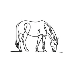 Elegant horse grazing in a single continuous line drawing equine animal
