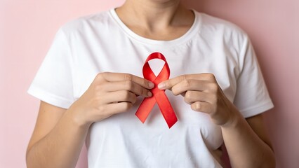Person holding a red ribbon for hivaids awareness and support