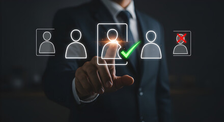 HR manager selecting an employee from a lineup. A businessman makes a choice, hiring a new team member by touching a virtual screen, symbolizing headhunting and personnel decisions.