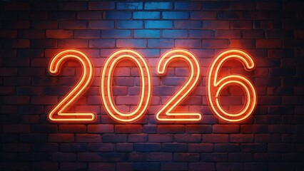 Bright neon '2026' glowing on a dark brick wall, perfect for future success and planning