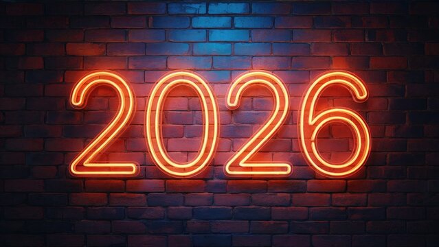 Bright neon '2026' glowing on a dark brick wall, perfect for future success and planning - Powered by Adobe