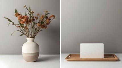 Elegant still life featuring dried floral arrangement in a minimalist vase and decorative object on a table