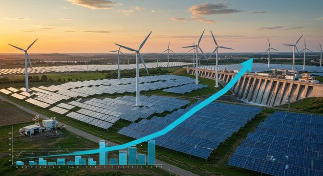 Renewable Energy Landscape with Solar Panels, Wind Turbines and Growing Graph