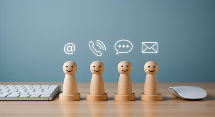Wooden peg dolls with glowing contact method icons above them. This concept represents a 'contact us' page for customer service, feedback, and business support channels like email, phone, and chat.