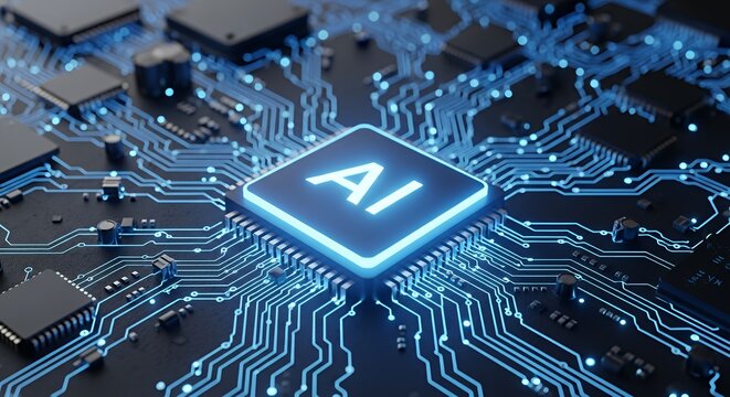 Artificial Intelligence Technology Chip on Circuit Board in Blue Light