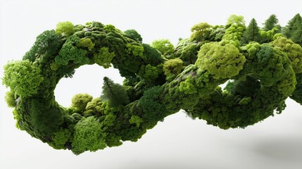 3D infinity symbol made of green foliage, plants, and trees on a white background