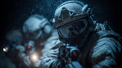 Fototapeta premium Focused special force soldier and commando team aiming weapon during tactical night operation. Intense combat mission while breaching building with determination and courage