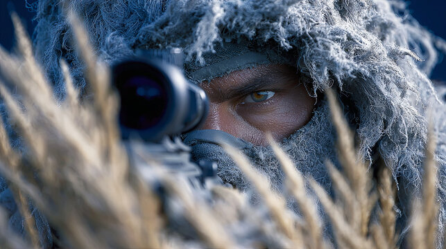 Intense sniper in ghillie suit concealed in tall grass aiming rifle scope. focused soldier hiding during covert military operation showing determination and focus