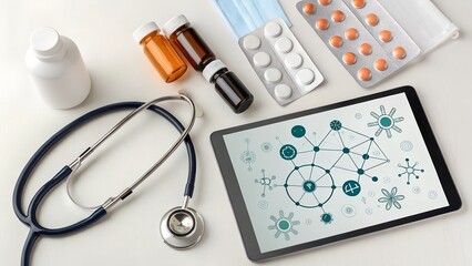 Medical equipment and medication on a white surface isolated on white background