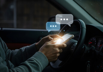 Person using a smartphone in a car with chat message icons