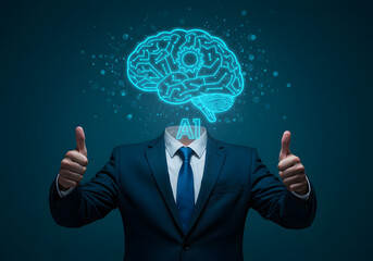 A businessman with a glowing AI brain for a head gives a double thumbs-up gesture of approval. A conceptual image representing success in artificial intelligence, machine learning, and innovative busi