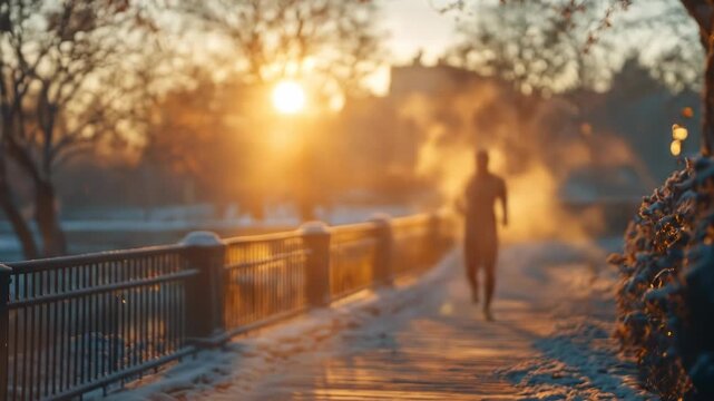 A blurred silhouette of a person jogging at sunrise along a snow-covered path, with another blurry figure in the background, bathed in the warm golden light of the rising sun and surrounde