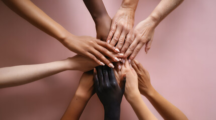 Hands of diverse people joined together forming a star. Symbol of unity; inclusion; teamwork and collective energy.