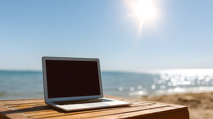 Laptop with blank screen on beach table. Ideal mockup for remote work, summer freelancing, digital nomad life, or vacation productivity visuals.