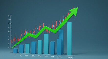 Financial Graph with Green Arrow and Blue Bars on Gray Background
