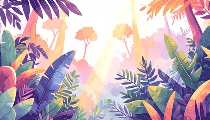 Fototapeta premium A vibrant watercolor jungle scene with lush, exotic leaves and foliage framing a bright, sunlit clearing, showcasing a stunning array of bold, colorful tropical plants, peaceful nature