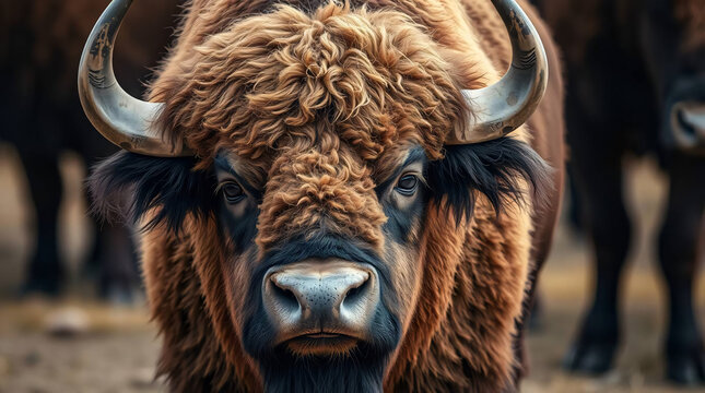 A majestic bison with large horns standing in a natural, rugged environment. - Powered by Adobe