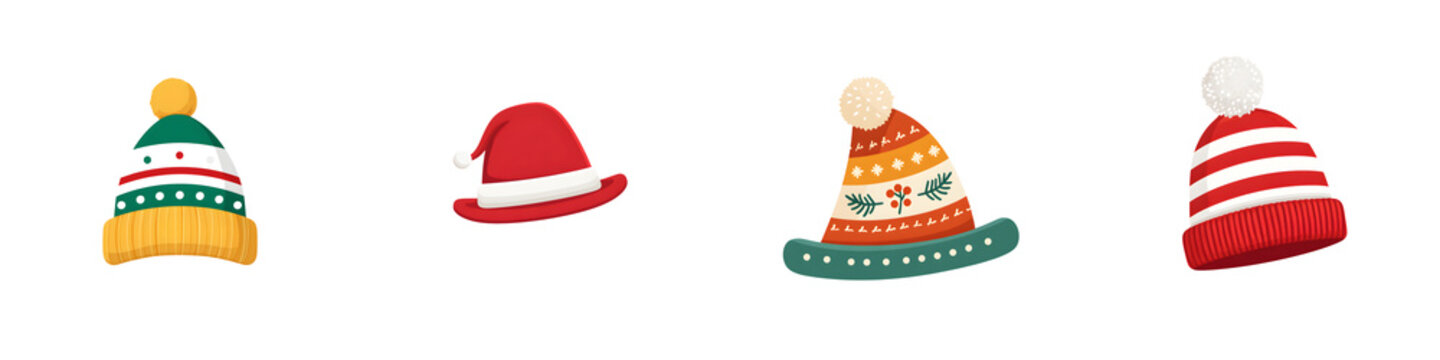Festive Winter Hats Set: Knitted caps with stripes, pom-poms and simple designs isolated on white background. Holiday apparel for cold season.