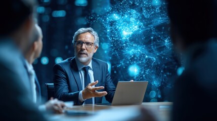 A business meeting in a modern setting, featuring a speaker engaged in discussion with digital data visuals in the background.