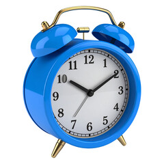 Bright blue retro twin bell alarm clock with gold accents isolated on white background