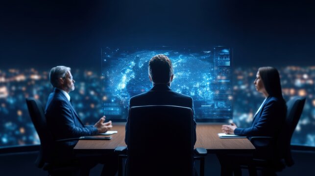 A group of professionals engaged in a meeting, discussing data displayed on a futuristic screen, with a city skyline visible in the background.