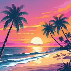 Tropical beach sunset vector illustration with palm trees. Orange and pink gradient sky with calm sea waves, isolated on white background.