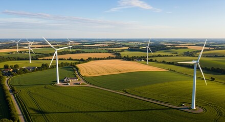 Obraz premium Wind Turbines in Green Agricultural Landscape Under Blue Sky