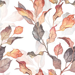 Square seamless pattern with realistic autumn herbarium leaves - detailed watercolor botanical wallpapers and wrapping paper design. Hand painted various leaves and twigs, withered golden colored