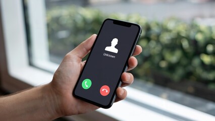 Worried man receiving spam call from unknown number on smartphone near bright window in daytime indoors