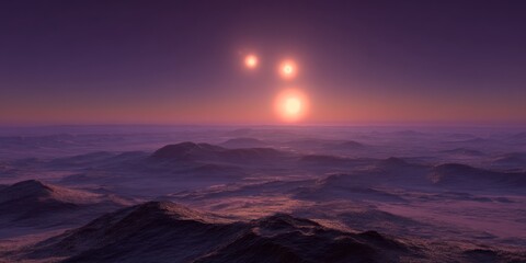 Naklejka premium Eerie violet desert glowing eerily beneath three suns in formation