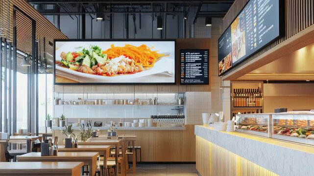 A modern restaurant interior with a food display counter and digital menu boards