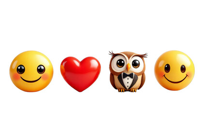 Obraz premium A cheerful yellow smiley face emoji, a glossy red heart symbol, and a cute cartoon owl wearing a tuxedo and bow tie, all isolated on a transparent background, representing happiness, love, and wisdom